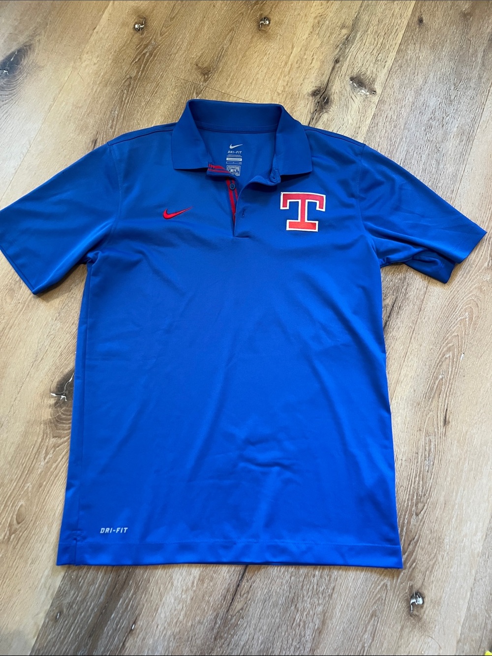 Small Nike Men’s Royal Blue Polo with Red Logo Texas Rangers